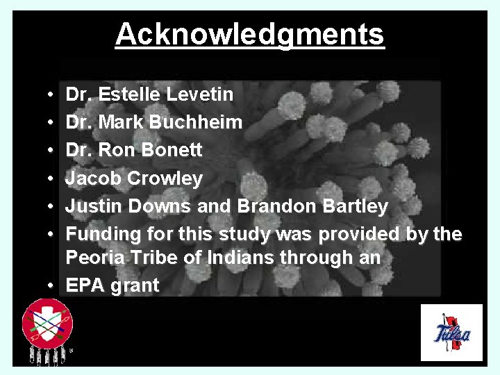 Acknowledgments • • • Dr. Estelle Levetin Dr. Mark Buchheim Dr. Ron Bonett Jacob