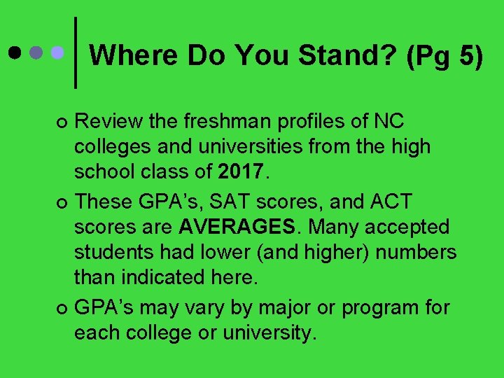 Where Do You Stand? (Pg 5) Review the freshman profiles of NC colleges and