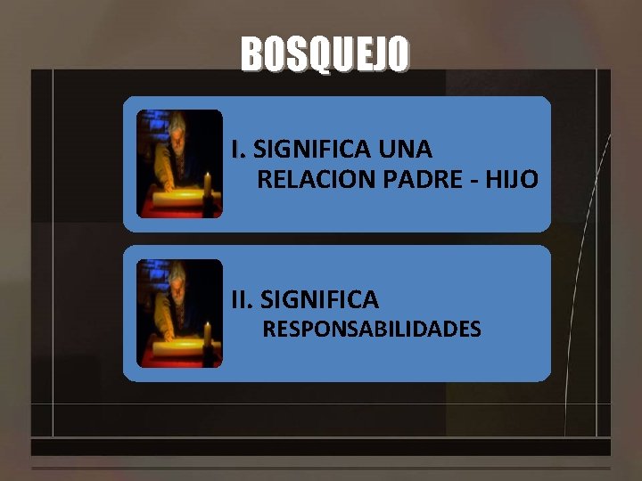 BOSQUEJO I. SIGNIFICA UNA RELACION PADRE - HIJO II. SIGNIFICA RESPONSABILIDADES 