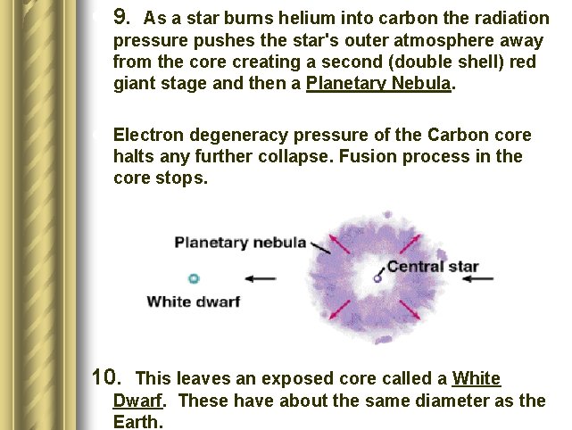 l 9. As a star burns helium into carbon the radiation pressure pushes the