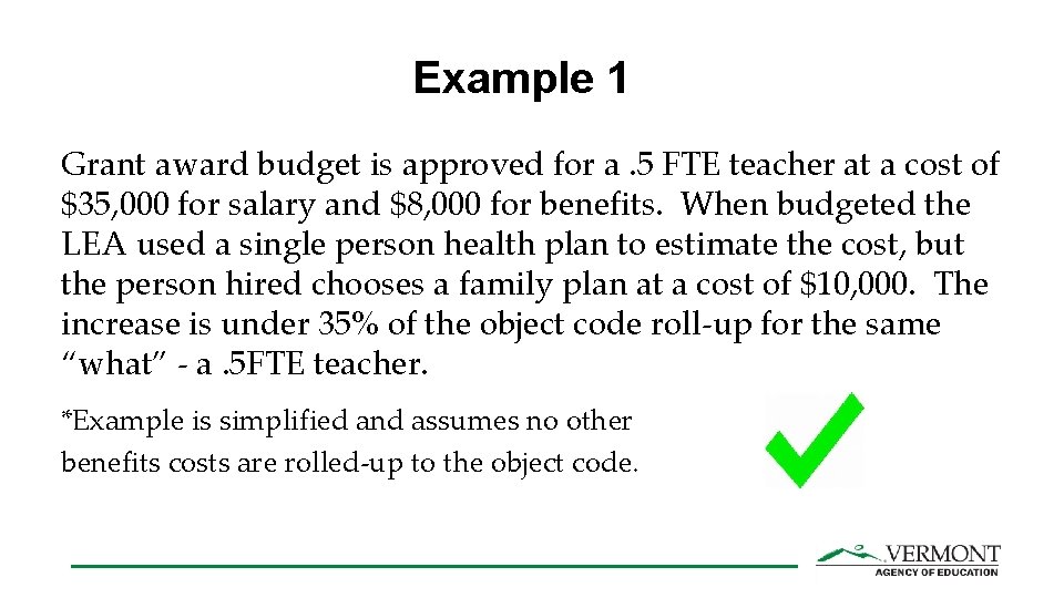 Example 1 Grant award budget is approved for a. 5 FTE teacher at a