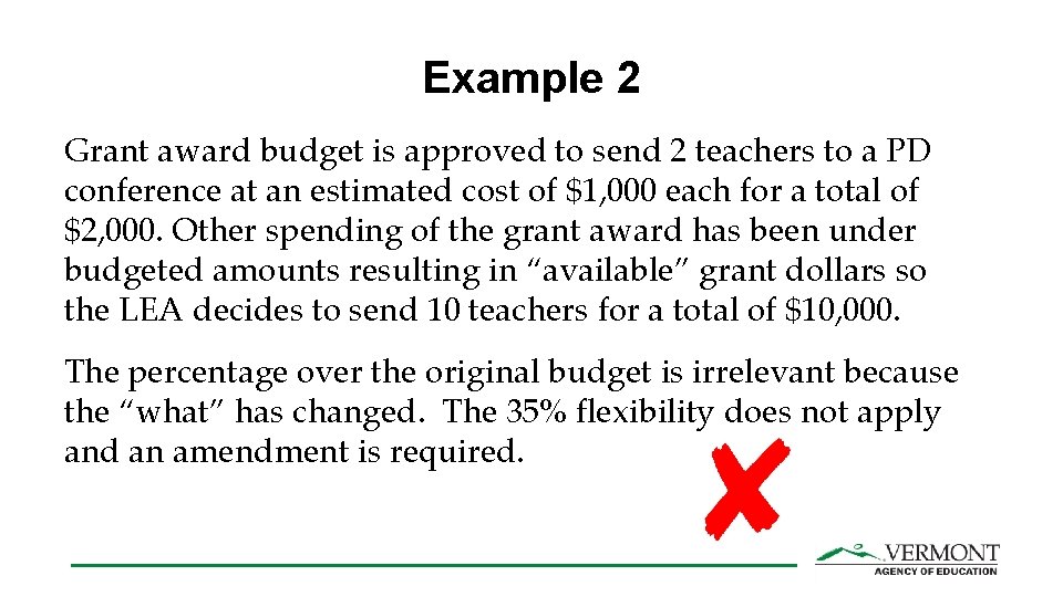 Example 2 Grant award budget is approved to send 2 teachers to a PD