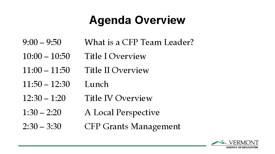 Agenda Overview 9: 00 – 9: 50 What is a CFP Team Leader? 10: