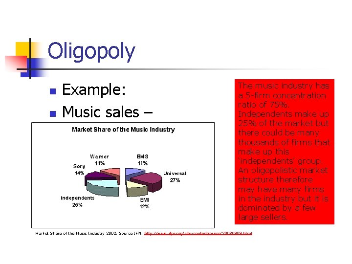 Oligopoly n n Example: Music sales – The music industry has a 5 -firm