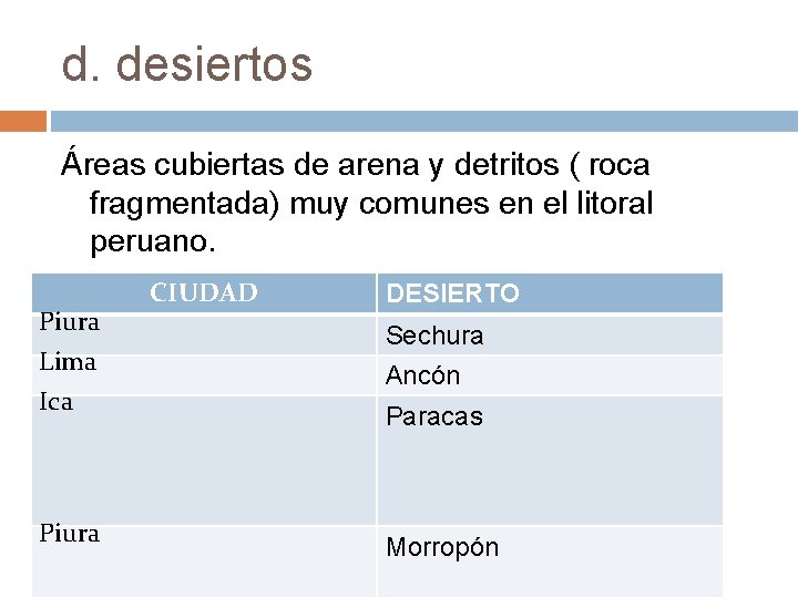 d. desiertos Áreas cubiertas de arena y detritos ( roca fragmentada) muy comunes en