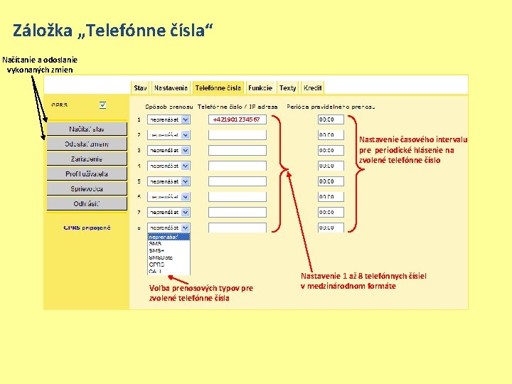 Záložka „Telefónne čísla“ Načítanie a odoslanie vykonaných zmien +421901234567 Nastavenie časového intervalu pre periodické