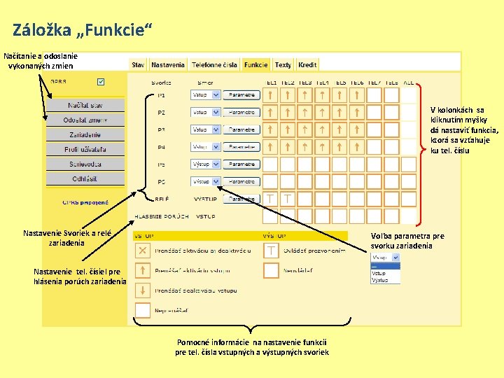 Záložka „Funkcie“ Načítanie a odoslanie vykonaných zmien V kolonkách sa kliknutím myšky dá nastaviť