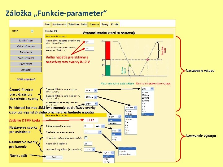 Záložka „Funkcie-parameter“ Vybraná svorka ktorá sa nastavuje Voľba napätia pre aktívny a neaktívny stav