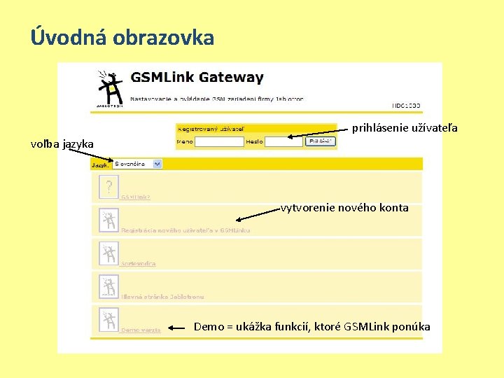 Úvodná obrazovka prihlásenie užívateľa voľba jazyka vytvorenie nového konta Demo = ukážka funkcií, ktoré