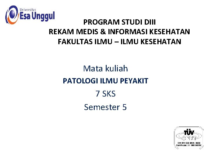 PROGRAM STUDI DIII REKAM MEDIS & INFORMASI KESEHATAN FAKULTAS ILMU – ILMU KESEHATAN Mata