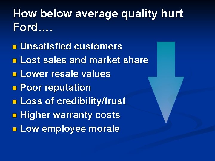 How below average quality hurt Ford…. Unsatisfied customers n Lost sales and market share