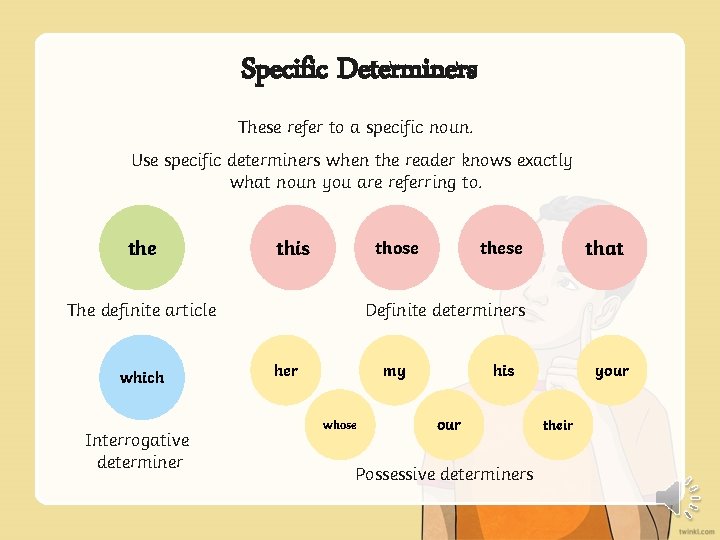 Specific Determiners These refer to a specific noun. Use specific determiners when the reader