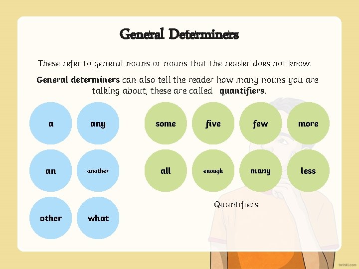 General Determiners These refer to general nouns or nouns that the reader does not