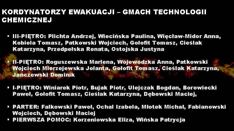 KORDYNATORZY EWAKUACJI – GMACH TECHNOLOGII CHEMICZNEJ § III-PIĘTRO: Plichta Andrzej, Wiecińska Paulina, Więcław-Midor Anna,