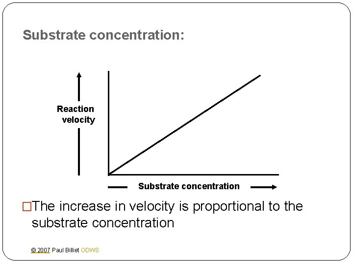 Substrate concentration: Reaction velocity Substrate concentration �The increase in velocity is proportional to the