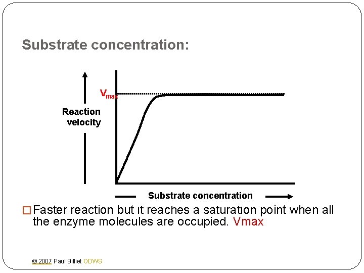 Substrate concentration: Vmax Reaction velocity Substrate concentration � Faster reaction but it reaches a