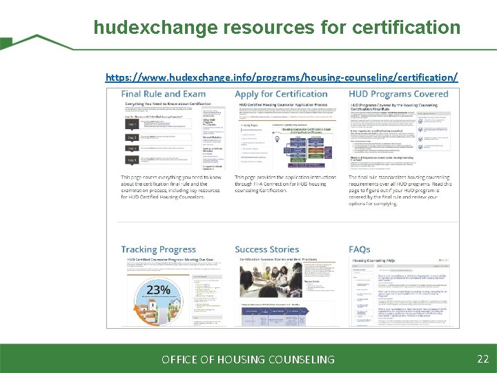hudexchange resources for certification https: //www. hudexchange. info/programs/housing-counseling/certification/ OFFICE OF HOUSING COUNSELING 22 
