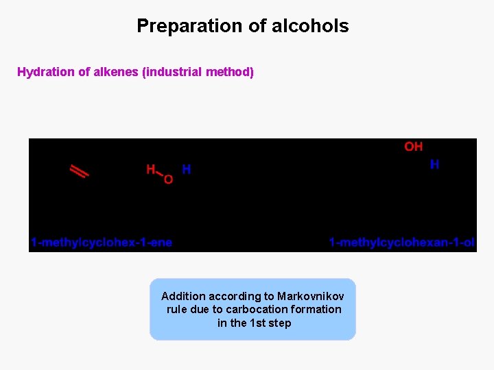 Preparation of alcohols Hydration of alkenes (industrial method) Addition according to Markovnikov rule due