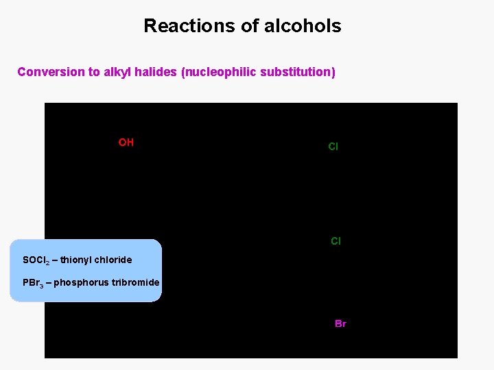 Reactions of alcohols Conversion to alkyl halides (nucleophilic substitution) SOCl 2 – thionyl chloride