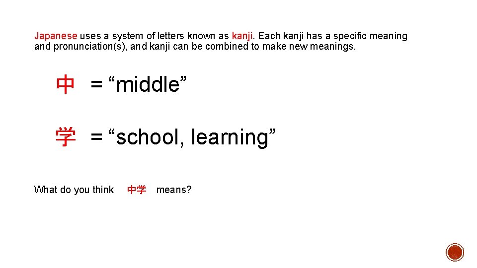 Japanese uses a system of letters known as kanji. Each kanji has a specific