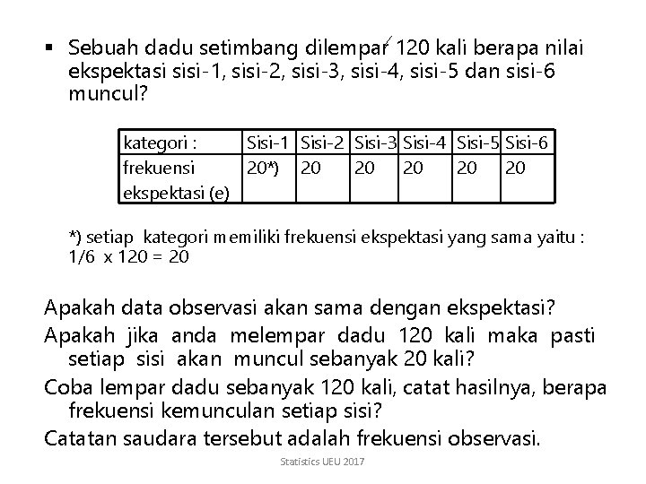 § Sebuah dadu setimbang dilempar 120 kali berapa nilai ekspektasi sisi-1, sisi-2, sisi-3, sisi-4,