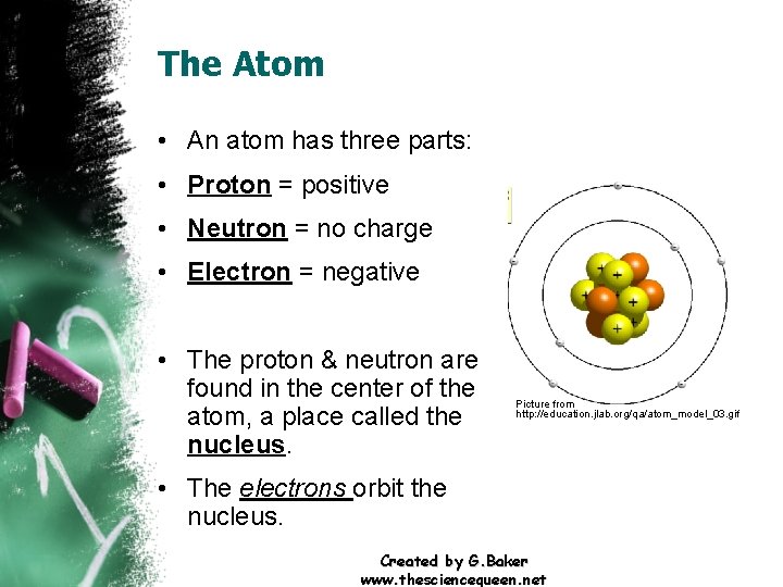 The Atom • An atom has three parts: • Proton = positive • Neutron