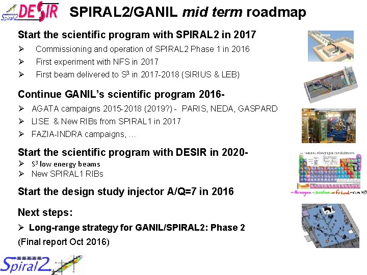 SPIRAL 2/GANIL mid term roadmap Start the scientific program with SPIRAL 2 in 2017 SPIRAL 2/GANIL mid term roadmap Start the scientific program with SPIRAL 2 in 2017