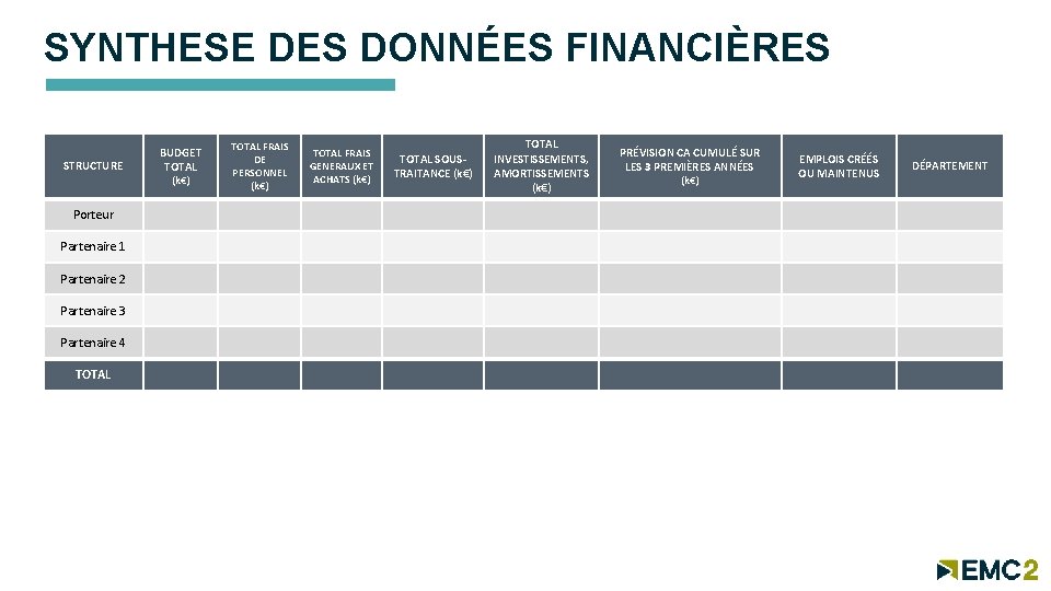 SYNTHESE DES DONNÉES FINANCIÈRES STRUCTURE BUDGET TOTAL (k€) Porteur Partenaire 1 Partenaire 2 Partenaire