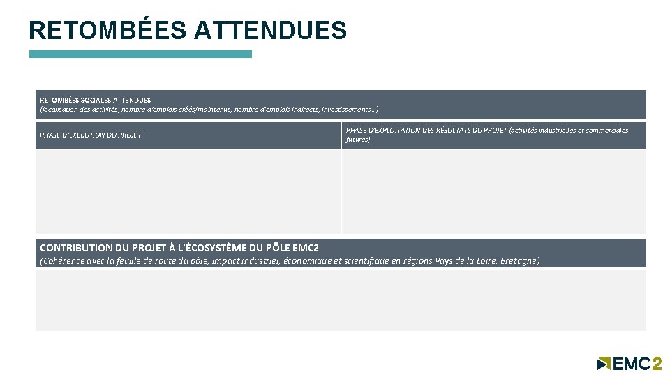 RETOMBÉES ATTENDUES RETOMBÉES SOCIALES ATTENDUES (localisation des activités, nombre d'emplois créés/maintenus, nombre d’emplois indirects,