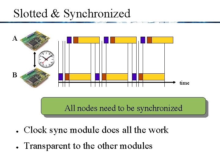 Slotted & Synchronized A B time All nodes need to be synchronized ● Clock