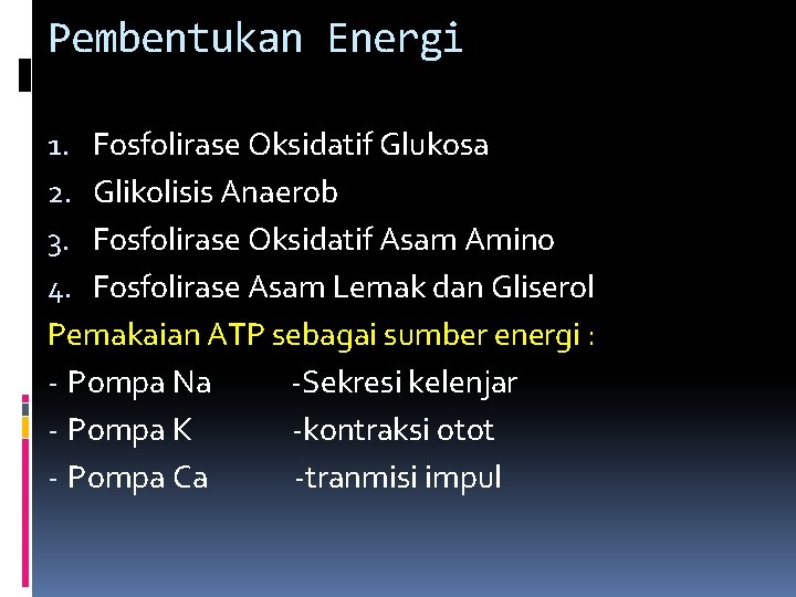 Pembentukan Energi 1. Fosfolirase Oksidatif Glukosa 2. Glikolisis Anaerob 3. Fosfolirase Oksidatif Asam Amino