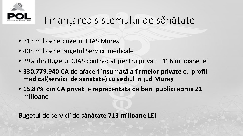 Finanțarea sistemului de sănătate • 613 milioane bugetul CJAS Mures • 404 milioane Bugetul Finanțarea sistemului de sănătate • 613 milioane bugetul CJAS Mures • 404 milioane Bugetul