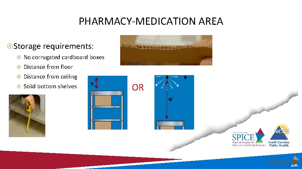 PHARMACY-MEDICATION AREA Storage requirements: No corrugated cardboard boxes Distance from floor Distance from ceiling