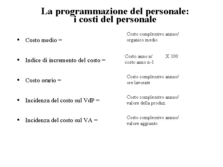 La programmazione del personale: i costi del personale • Costo medio = • Indice