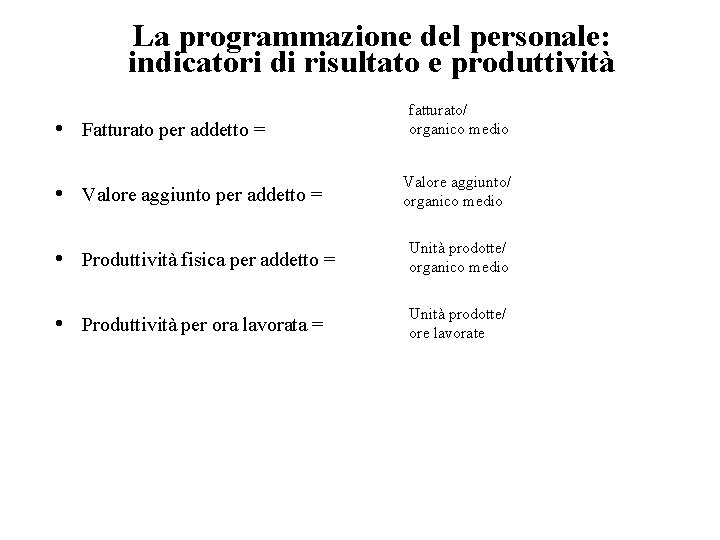 La programmazione del personale: indicatori di risultato e produttività • Fatturato per addetto =