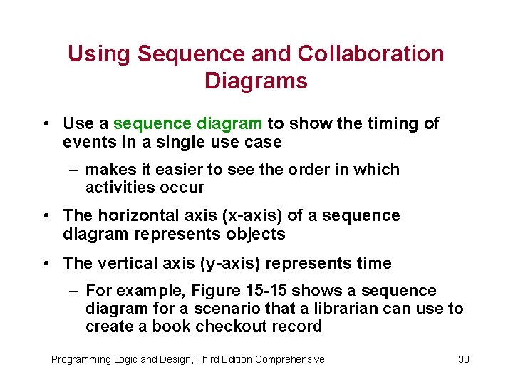 Using Sequence and Collaboration Diagrams • Use a sequence diagram to show the timing