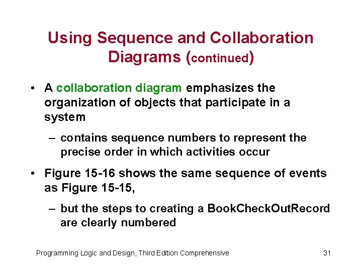 Using Sequence and Collaboration Diagrams (continued) • A collaboration diagram emphasizes the organization of