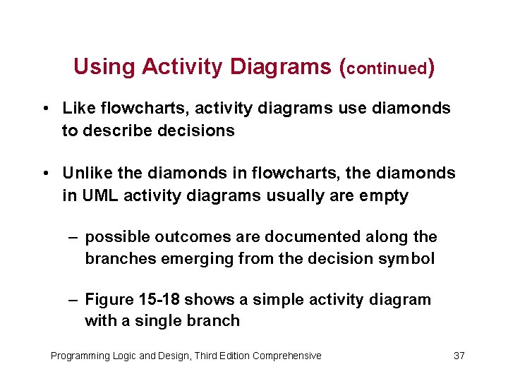 Using Activity Diagrams (continued) • Like flowcharts, activity diagrams use diamonds to describe decisions