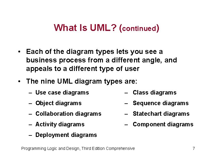 What Is UML? (continued) • Each of the diagram types lets you see a