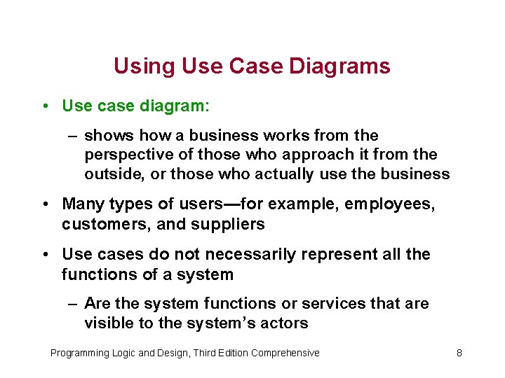 Using Use Case Diagrams • Use case diagram: – shows how a business works