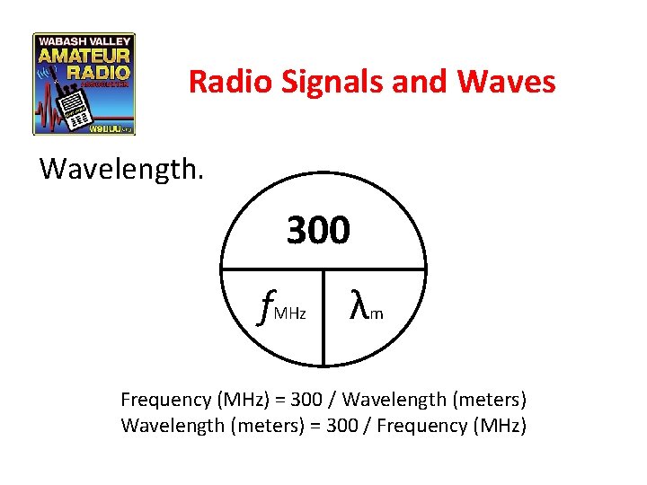 Radio Signals and Waves Wavelength. 300 f. MHz λm Frequency (MHz) = 300 /