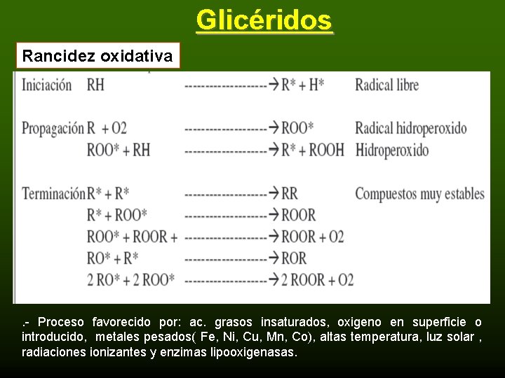 Glicéridos Rancidez oxidativa . - Proceso favorecido por: ac. grasos insaturados, oxigeno en superficie