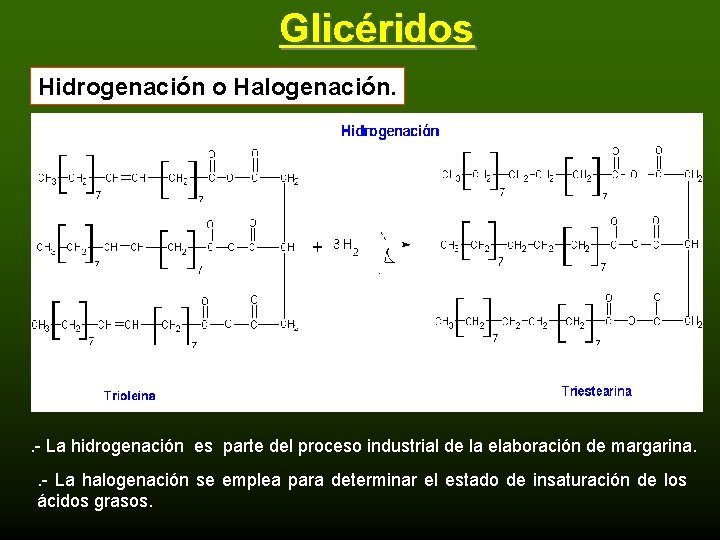 Glicéridos Hidrogenación o Halogenación. . - La hidrogenación es parte del proceso industrial de