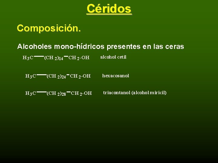 Céridos Composición. Alcoholes mono-hídricos presentes en las ceras H 3 C (CH 2 )