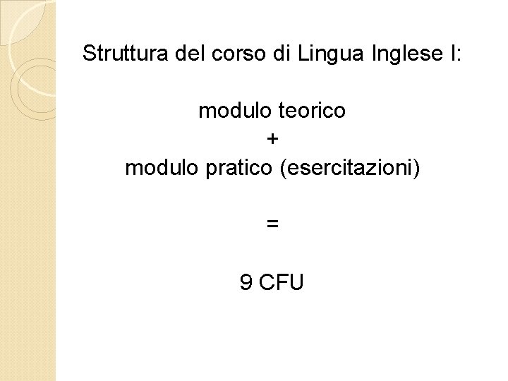 Struttura del corso di Lingua Inglese I: modulo teorico + modulo pratico (esercitazioni) =