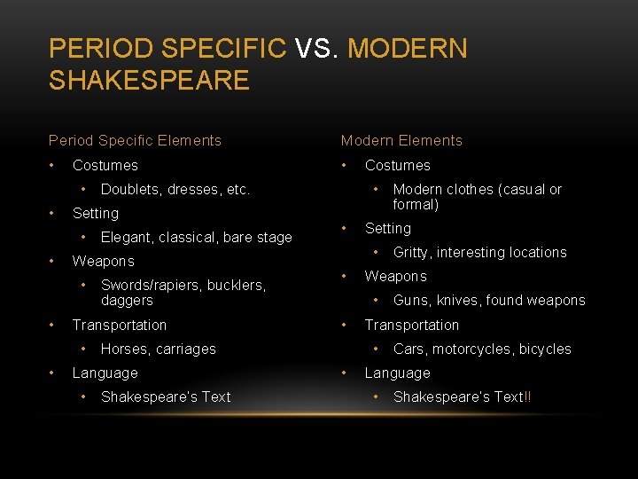 PERIOD SPECIFIC VS. MODERN SHAKESPEARE Period Specific Elements Modern Elements • • Costumes •