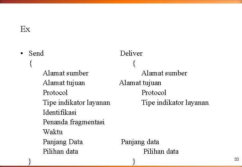 Ex • Send { Alamat sumber Alamat tujuan Protocol Tipe indikator layanan Identifikasi Penanda