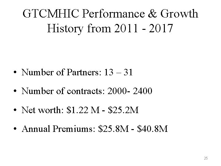 GTCMHIC Performance & Growth History from 2011 - 2017 • Number of Partners: 13 GTCMHIC Performance & Growth History from 2011 - 2017 • Number of Partners: 13