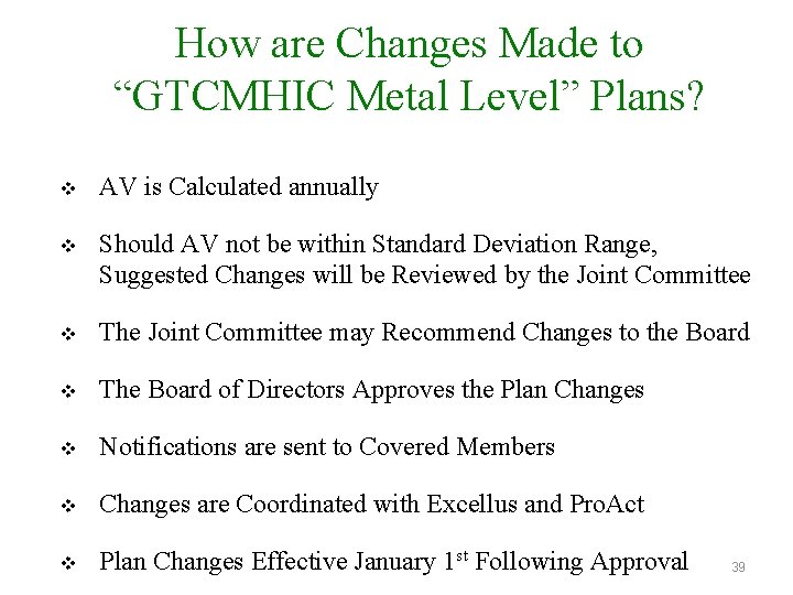 How are Changes Made to “GTCMHIC Metal Level” Plans? v AV is Calculated annually How are Changes Made to “GTCMHIC Metal Level” Plans? v AV is Calculated annually