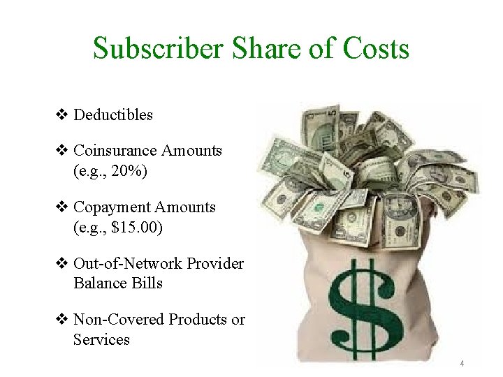 Subscriber Share of Costs v Deductibles v Coinsurance Amounts (e. g. , 20%) v